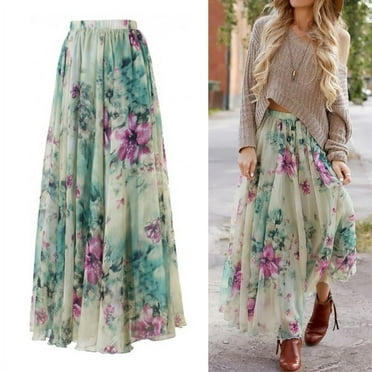 Trendy Women Summer Boho Style Chiffon Long Maxi High Waist Flare Skirt Dresses